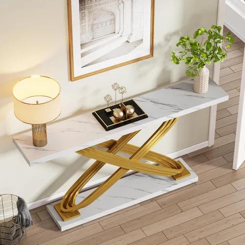 Vista 8 de Tribesigns Mesa consola dorada de 55 pulgadas, moderna mesa de entrada de mármol sintético con base geométrica de metal, mesa de sofá larga