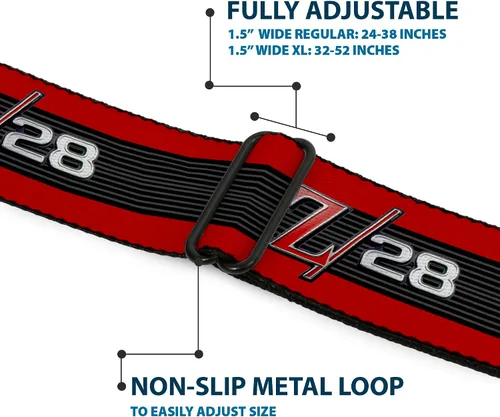 Vista 8 de Buckle-Down Cinturón de seguridad 1969 Camaro Z28 EmblemRayas RojoNegroGrisPlata - 1.5" Ancho - 24-38 pulgadas de largo