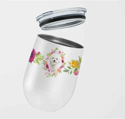 Vista 128 de Caroline's Treasures CK4110TBL12 Afghan Hound Pink Flowers - Vaso de vino aislado de acero inoxidable de 12 onzas con tapa, bonita taza de viaje