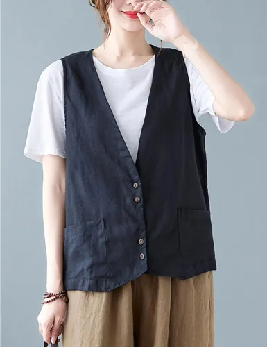 Vista 2 de Bozanly Chaleco sin mangas con botones para mujer, estilo casual, cuello en V, de lino y algodón, con bolsillos