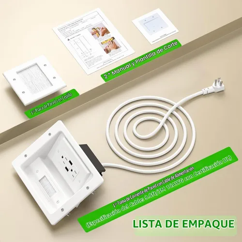 Vista 7 de Kit de organización de cables de pared con placa de pared de cepillo, salidas de CA y puertos USB, cable de 9 pies, toma de pared empotrada