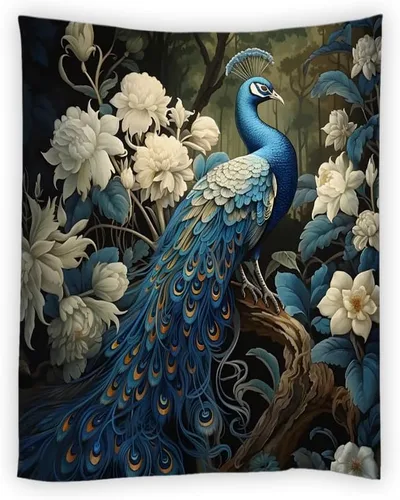 Vista 4 de JONSEQIN Tapiz de pavo real asiático elegante pájaro vintage rústico flores de granja animales plantas naturaleza flores silvestres colcha de picnic
