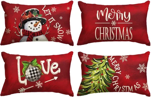Vista 11 de AVOIN colorlife - Juego de 4 fundas de cojín con diseño de muñeco de nieve, árbol de Navidad y texto "Merry Christmas, Let It Snow, Love" en negro