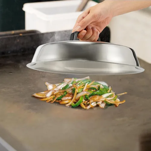 Vista 5 de Accesorios de BBQ - Cubierta de Cocción Redonda de Acero Inoxidable de 12 Pulgadas - Cúpula Derretidora de Queso Kit de Prensa de Parrilla Redonda
