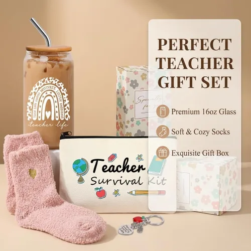 Vista 8 de 8 PCS Mejor Juego de Regalo para Profesoras 16oz Vaso de Café de Vidrio con Tapa y Pajita, Calcetines Acolchados, Bolsa de Regalo, Llavero y Tarjeta