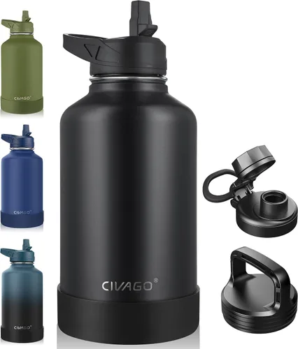 Vista 25 de CIVAGO Botella de agua aislada de 22 onzas con pajita, frasco de agua deportiva de acero inoxidable con 3 tapas