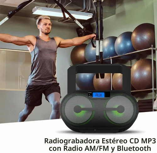 Vista 3 de Riptunes Reproductor de CD portátil Boombox AM FM Radio, Bluetooth, USB, entrada auxiliar, MP3 CD sonido estéreo con refuerzo de graves, luces