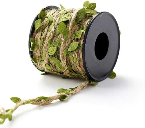 Vista 4 de Cinta de hoja de arpillera, 2 rollos de 66 pies en total de 0.197 in, cordel de yute natural con hojas verdes artificiales, enredaderas decoradas