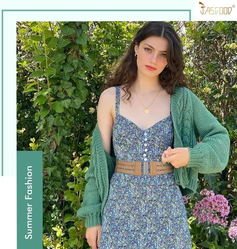 Vista 5 de JASGOOD Cinturón elástico tejido de paja verano Boho trenzado vestido cinturón mujeres cinturón elástico cinturón