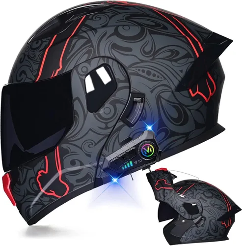 Vista 8 de Casco de motocicleta Bluetooth modular aprobado por DOT con visera doble, cara completa, abatible, integrado, cascos de motocicleta con visera