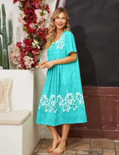 Vista 4 de Bloggerlove Camisón hawaiano para mujer, vestido de casa hawaiano Muumuu con estampado de tumbona, vestido de patio con bolsillos Moomoo