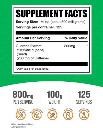 Vista 2 de BulkSupplements. com Extracto de guaraná en polvo, suplemento natural de cafeína, de semilla de guaraná, polvo de guaraná, sin gluten, 800 mg por