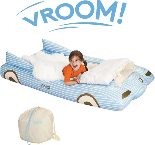 Vista 2 de FUNBOY Cama de viaje infantil azul inflable y colchón. Perfecta para fiestas de pijamas. Incluye bolsa de almacenamiento y transporte, individual