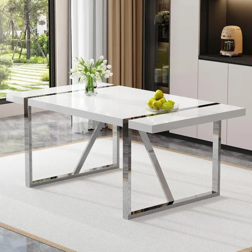 Vista 29 de Mesa de comedor Ebullient para 4, mesa de comedor rectangular negra de MDF, tapa de mesa de cena de mármol falso, mesa de comedor moderna con marco