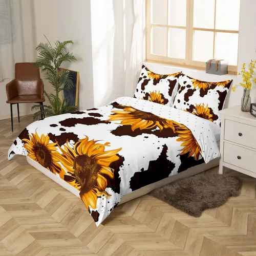 Vista 2 de Funda de edredón con estampado de vaca marrón para niñas y niños, funda de edredón de piel de vaca de las tierras altas, juego de ropa de cama