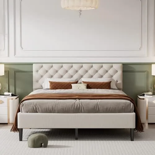 Vista 9 de Marco de cama de plataforma de tamaño individual, marco de cama tapizado de lino de diseño moderno con cabecera copetuda, cama de almacenamiento