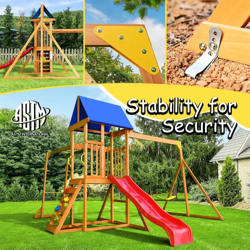 Vista 6 de SUNIBOXI Juegos de columpios de madera para patio trasero, juego de parque infantil al aire libre con barras de mono, tobogán ondulado, 2 columpios