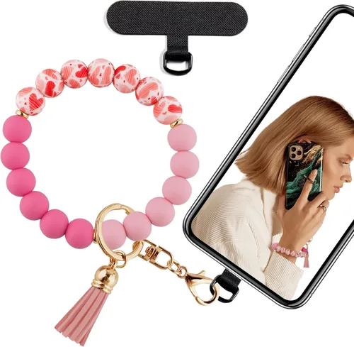 Vista 14 de Correa de silicona con cuentas para mujer, silicona sin BPA Elastic wristlet with tether tab, 12mm BPA-Free silicone beads with printed accents