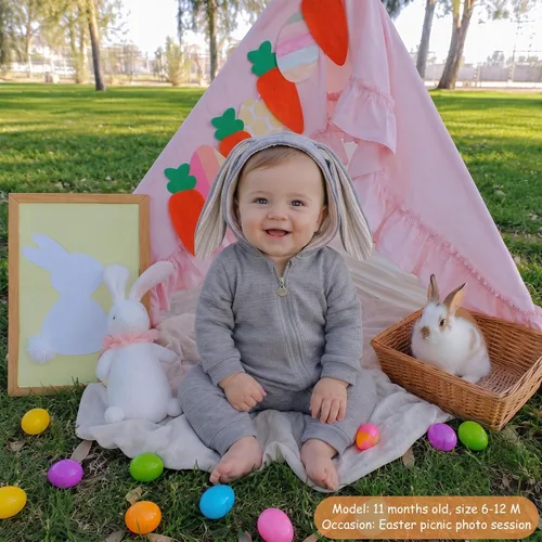 Vista 4 de Simplee Kids Enterizo con diseño de conejo de Pascua con capucha, para bebé, overol con cremallera y orejas largas A-a-gris