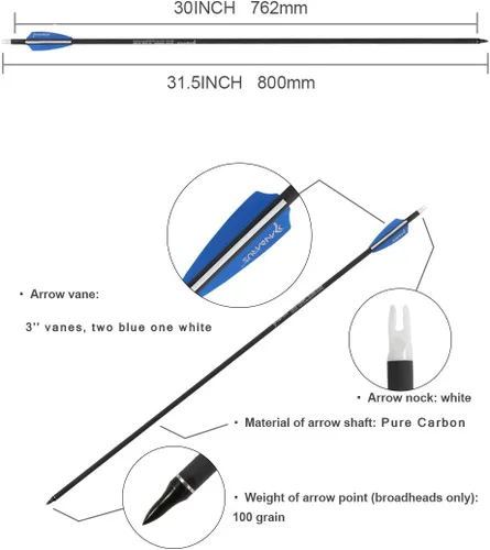 Vista 4 de Flechas de caza ST0.006 de 30/32 pulgadas para arco compuesto y recurvo, flechas de objetivo de tiro con arco 100% carbono con puntas extraíbles Azul