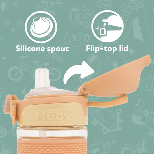 Vista 5 de Nuby Thirsty Kids Flip-it Bolt - Taza infantil Tapa abatible con cierre de botón - Boquilla de silicona de flujo libre y base duradera - Mariposas