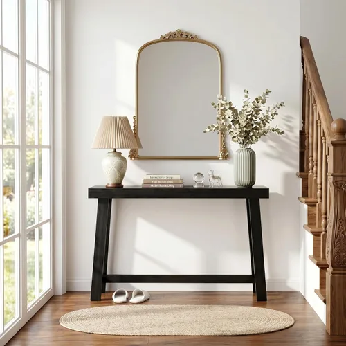 Vista 4 de Mesa de consola estrecha de bambú de 47.2" (120 cm), mesa auxiliar de madera estilo granja, mesa rectangular de entrada, mesa de sofá moderna detrás