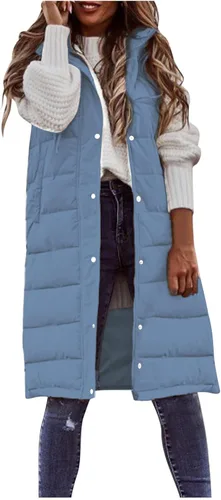Vista 2 de Chaleco largo para mujer, sin mangas, acolchado, con cremallera, capucha, abrigo de invierno cálido, ligero, con bolsillos