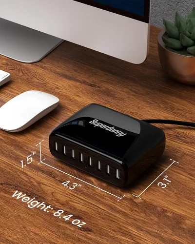 Vista 5 de Estación de carga USB, estación de carga de escritorio SUPERDANNY de 8 puertos para múltiples dispositivos, compatible con iPhone Negro