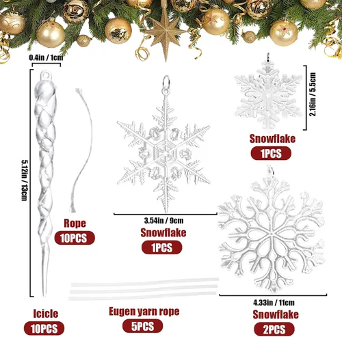 Vista 3 de 15 adornos de cristal para decoración del árbol de Navidad, adornos acrílicos colgantes de copo de nieve de Navidad, carámbanos, adornos de cristal
