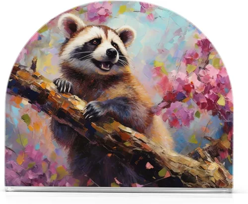 Vista 2 de Servilletero acrílico para mesa, estampado de mapache sobre árbol, dispensador vertical de almacenamiento de servilletas de papel de 4.1 x 4.9 x