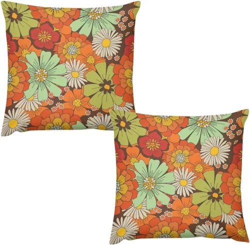 Vista 17 de Juego de 2 fundas de almohada florales retro de los años 70, Groovy Funky Hippie Flor Naranja Estética Boho Fundas de Almohada de 16 x 16 pulgadas