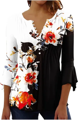 Vista 47 de Ceboyel Blusa tipo túnica con estampado floral para mujer, con botones, estilo Henley, con manga de codo, casual, trajes de moda para mujer