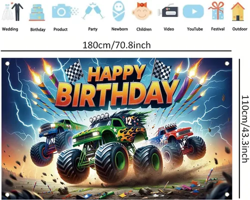 Vista 7 de Fondo de cumpleaños de Monster Truck, 70.8 x 43.3 pulgadas, poliéster, multicolor, cumpleaños, incluye telón de fondo con temática de camión