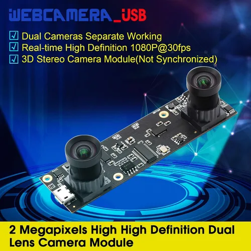 Vista 2 de Webcamera_USB 1080P Dual Lens Módulo de cámara USB para computadora Gran angular Dual Vision Lightburn Cámara Mini UVC USB2.0 Cámara web 3D Estéreo