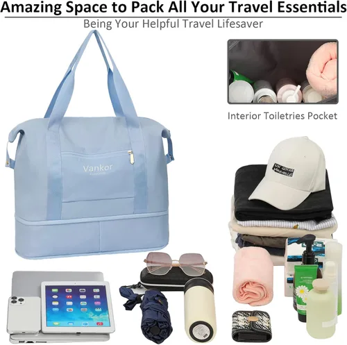 Vista 4 de Vankor - Bolsa de lona para viajes, impermeable, bolsa de viaje portátil para mujer, Azul, Elegante