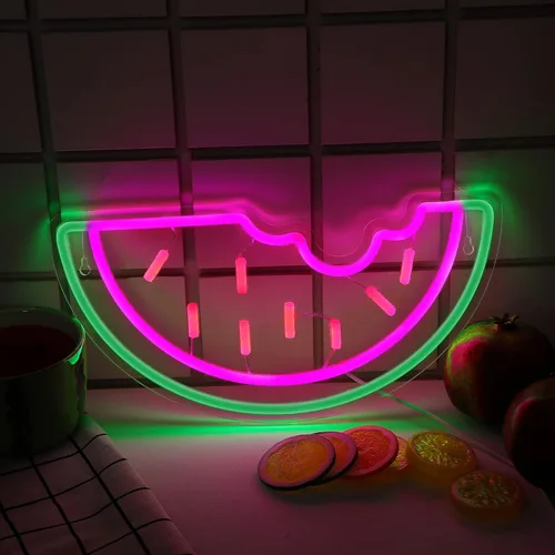 Vista 6 de Letrero de neón de sandía, funciona con USB, luz LED de neón acrílica, arte de frutas, letreros de luz LED decorativos para el hogar, dormitorio