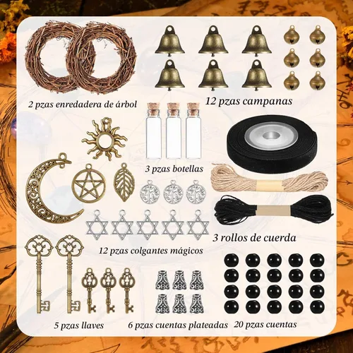 Vista 2 de 62 piezas de kit de campanas de bruja DIY para pomo de puerta para protección, campana de bruja, decoración brujera colgante, decoraciones