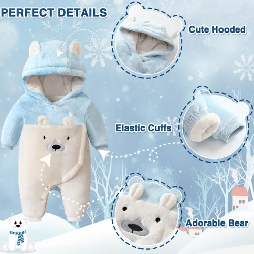 Vista 3 de Fairy Baby Traje de nieve para bebé recién nacido, oso enterizo, abrigo cálido de invierno para niñas y niños de 0 a 18 meses