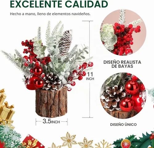 Vista 4 de Hatisan Árbol de Navidad pequeño con adornos de Navidad, piña baya, árbol de Navidad artificial de mesa para decoración de Navidad, hogar