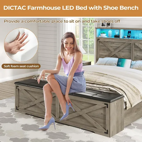 Vista 7 de DICTAC - Base de cama estilo granja tamaño Queen con cabecera de almacenamiento y estación de carga, base de cama de plataforma de madera