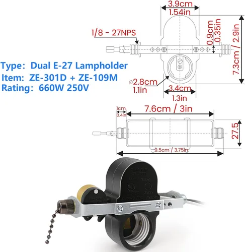 Vista 4 de ZE-310D ZE-310D - Interruptor de cadena para ventilador de techo con ZE-109M 660W Daul E27 Lamp Holder Cord On/Off Control for Fan Light Kit