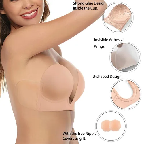 Vista 3 de BRABIC Sujetador sin tirantes con efecto de realce adhesivo sin espalda y adhesivo invisible, con cubiertas para pezones