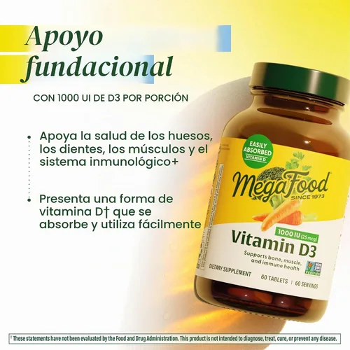 Vista 3 de MegaFood Vitamina D3 1000 UI (25 mcg), salud ósea e inmunológica, 90