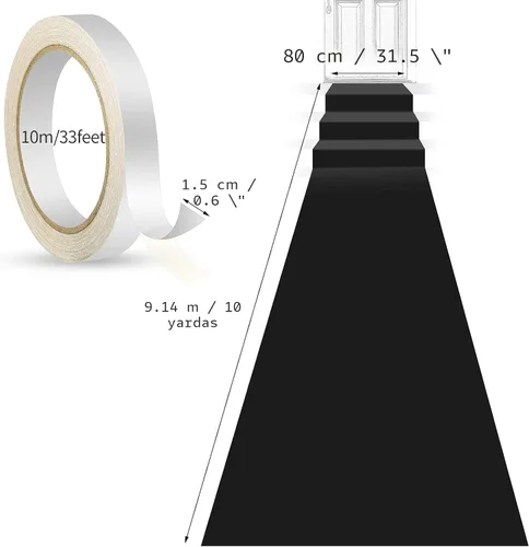 Vista 3 de Shappy Alfombra negra para fiesta, 55 GSM de grosor con cinta de alfombra, alfombra de pasillo para Halloween, graduado, boda, fiesta, pista
