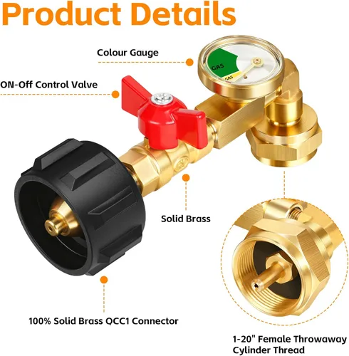 Vista 2 de Adaptador de recarga de propano GasSaf convertidor de 20 libras a 1 lb con válvula de calibre Adaptador de propano adecuado para parrillas Weber Q