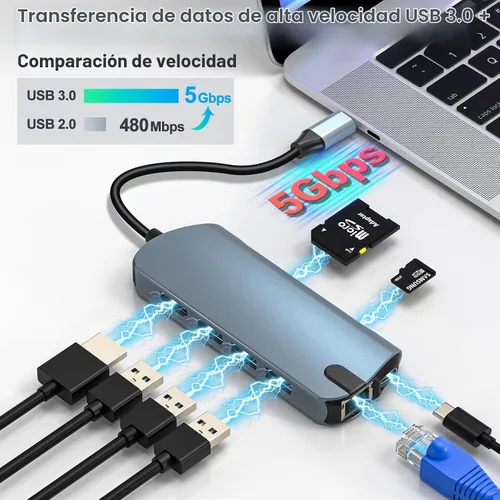Vista 5 de Adaptador USB C Hub 8 en 1 Ethernet 4K HDMI para portátiles