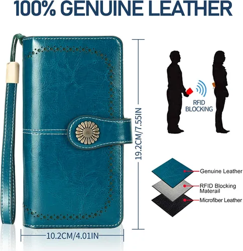 Vista 2 de HUANLANG Cartera grande de cuero para mujer con bolsillo para monedas, organizador de cartera RFID para mujer con correa para muñeca, Estilo 2