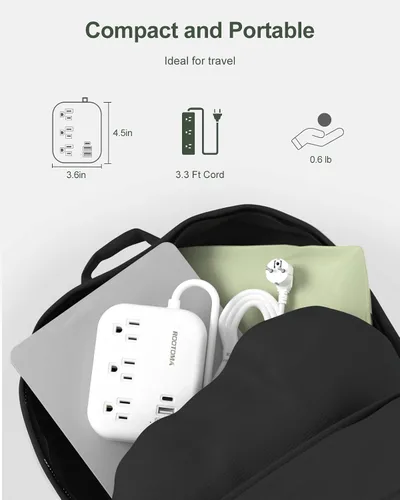 Vista 6 de Adaptador de enchufe de viaje europeo con USB C, adaptador de salida ROOTOMA de EE. UU. a Europa, 3 tomas de corriente, 3 puertos USB, regleta