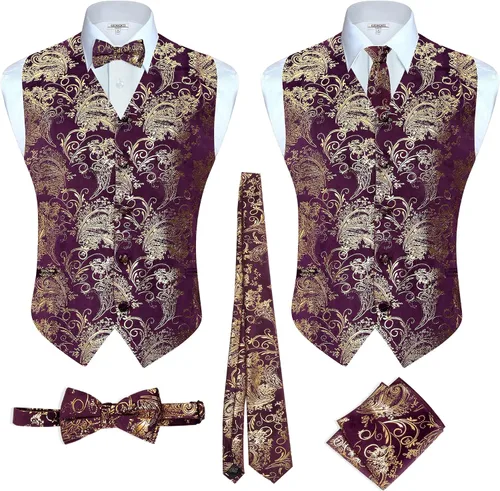 Vista 9 de Gioberti Chaleco formal de cachemira de 4 piezas para hombre, corbatín y pañuelo de bolsillo Negro B