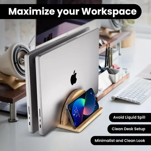 Vista 4 de Kothar Soporte vertical de madera prémium para laptop, soporte de bambú ajustable de doble ranura para MacBook, Dell, HP y más Organizador